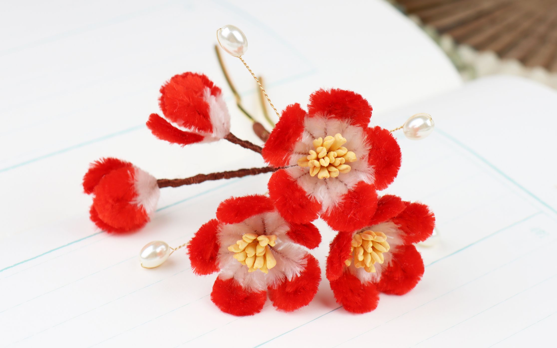 非遗绒花 红梅发簪diy制作教程 绒花教程 绒花手工diy制作