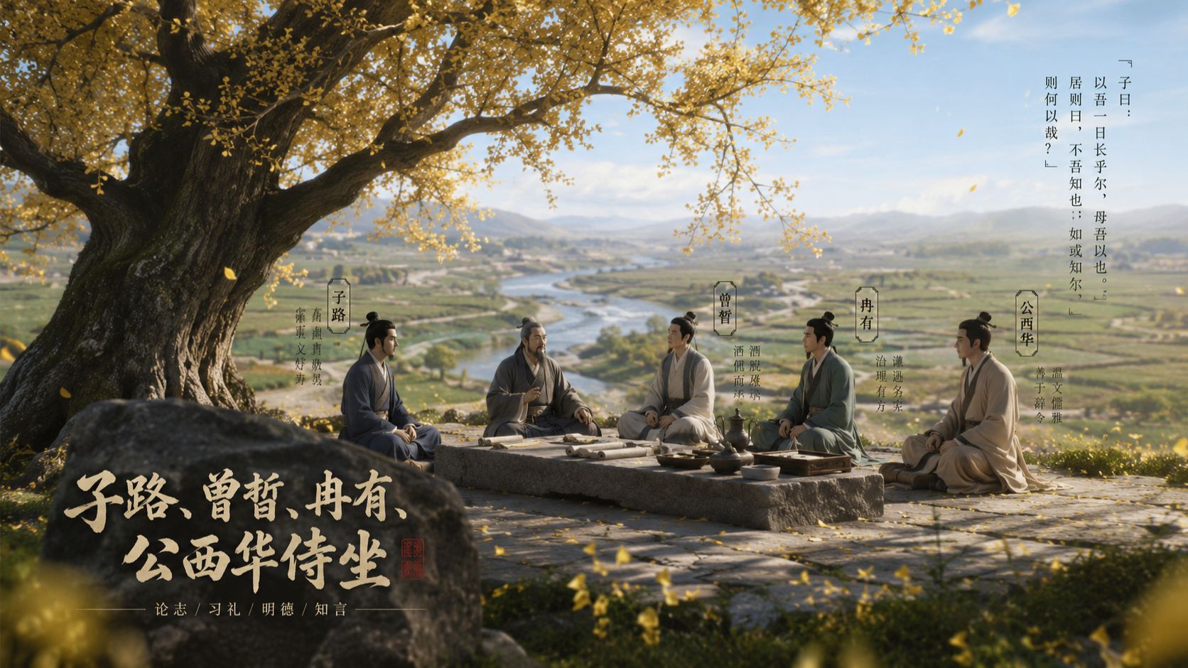 《子路曾皙冉有公西华侍坐》 夫子喟然叹曰："吾与点也！"三子者出，曾皙后。