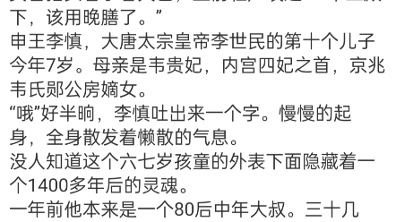 《穿越:我在大唐当闲王》李慎小说阅读全文TXT贞观九年,公元635年,春皇宫的一处凉亭内,一个六七岁的孩童正躺在长条石凳上闭目养神,不知在想什...