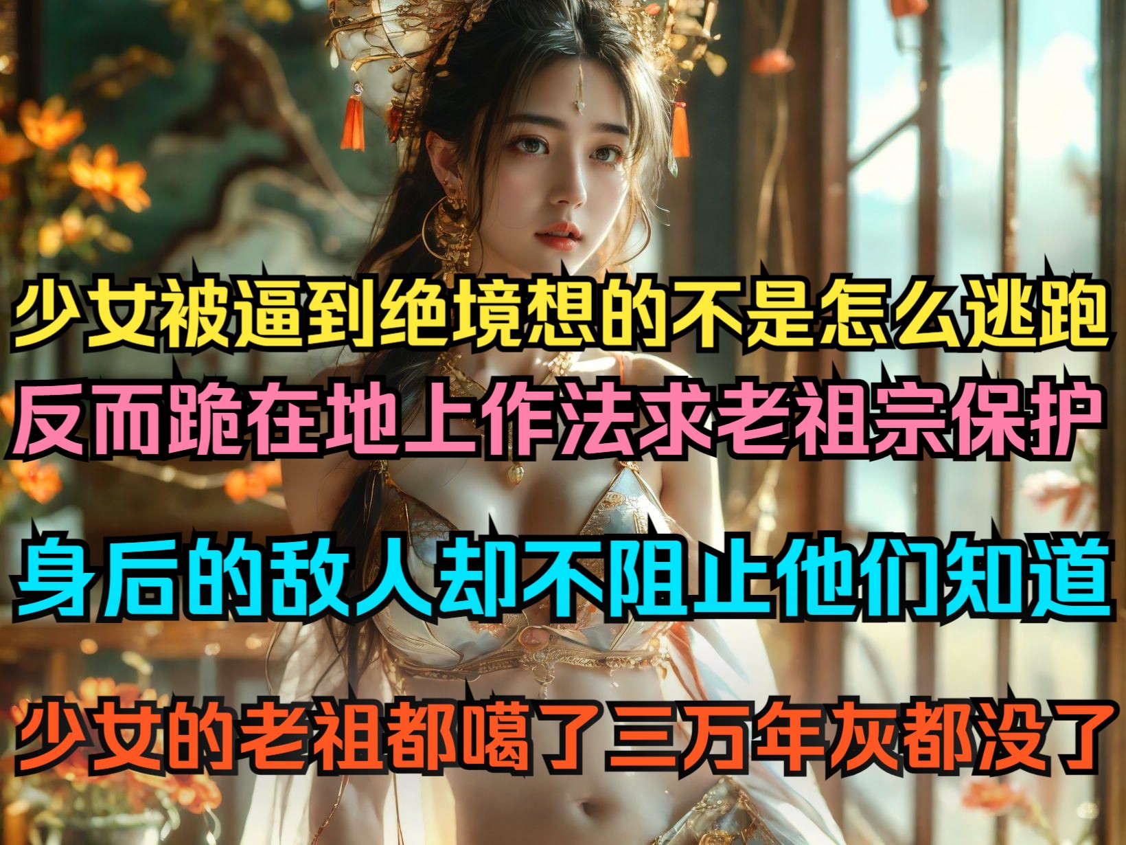 [图]少女被逼到绝境想的不是怎么逃跑，反而跪在地上作法求老祖宗显灵，身后的敌人却不阻止，因为他们知道少女的老祖都噶了三万年了，灰都没了