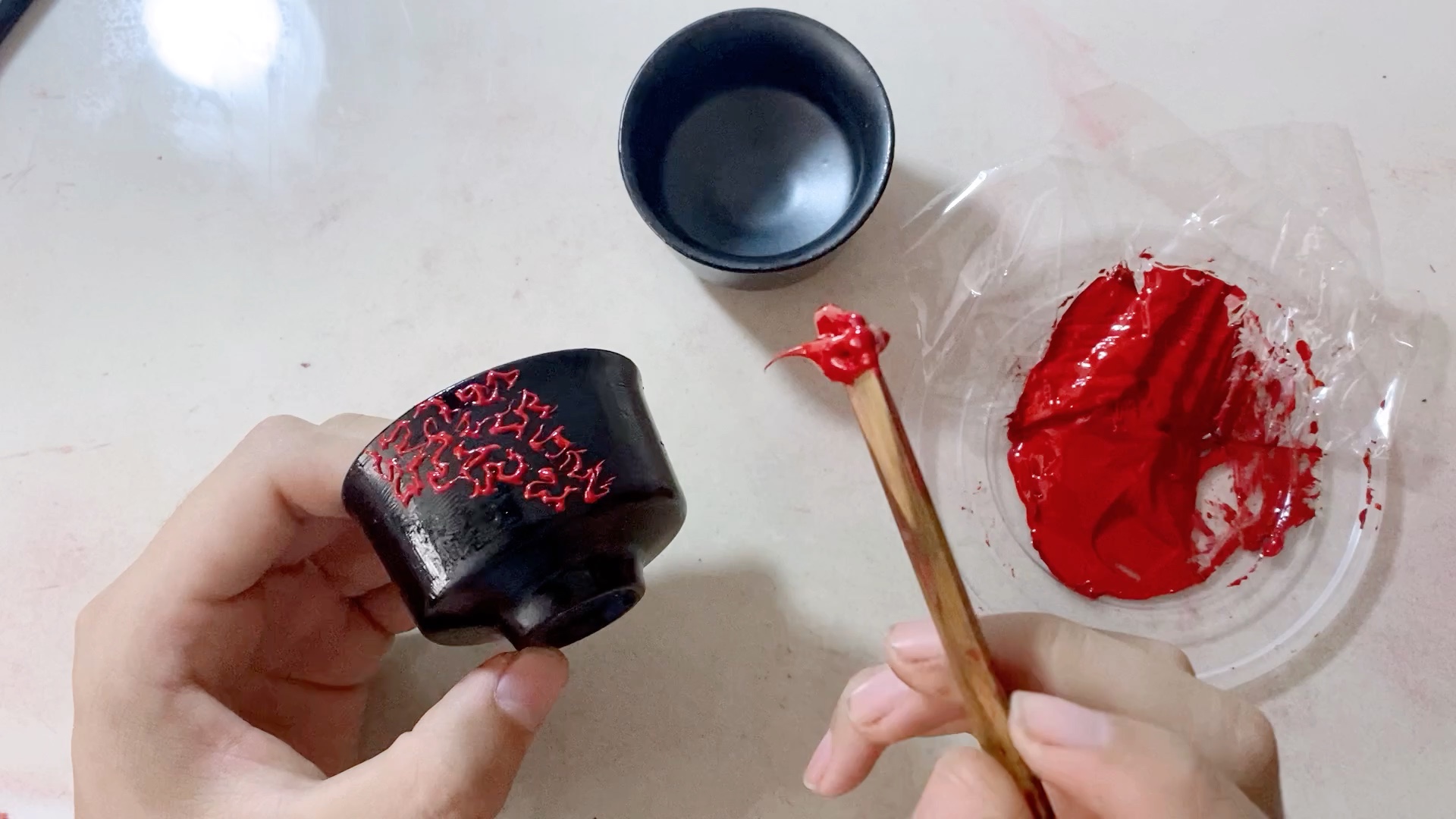 漆器 犀皮漆 打捻两个小茶杯