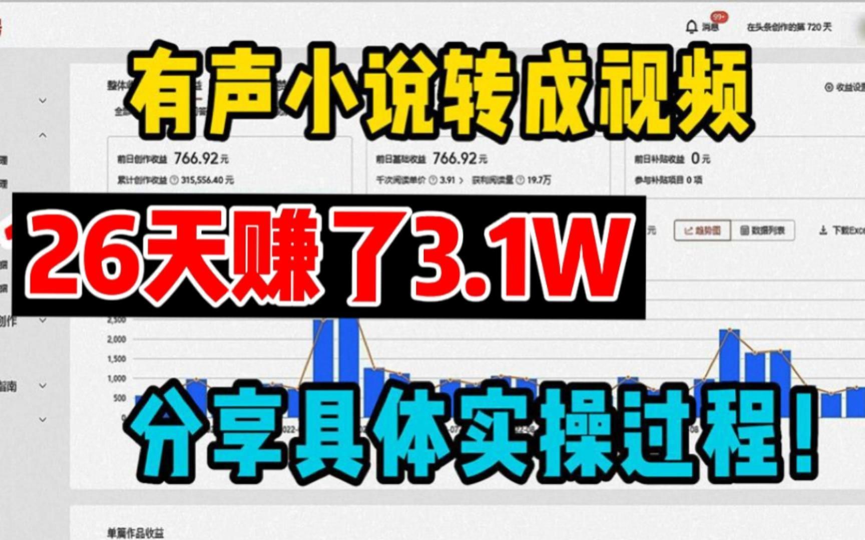 [图]在今日头条把有声小说转成视频，26天赚了3.1W，分享详细实操过程！无脑搬运即可。