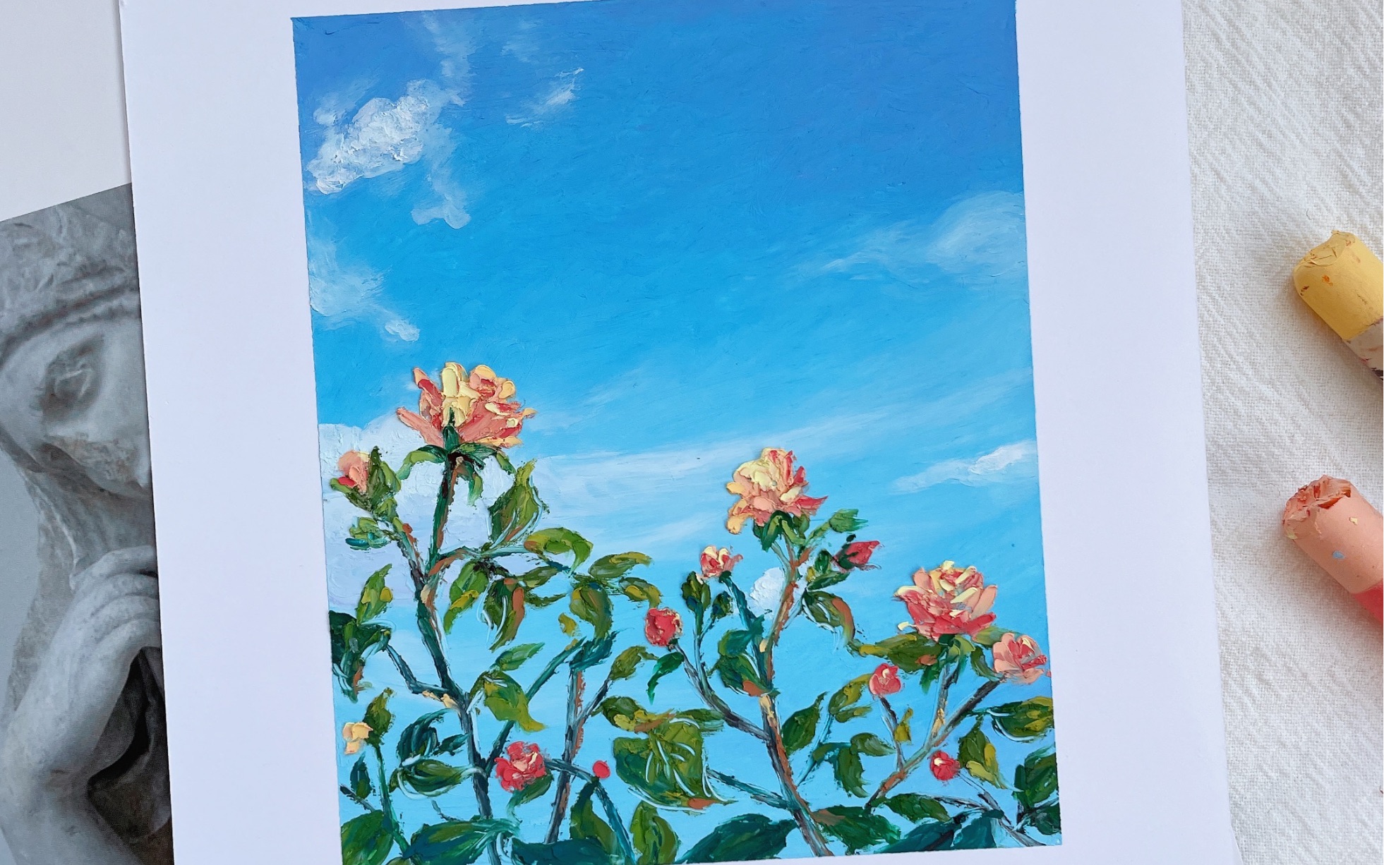 油画棒蓝天下的月季花绘画视频