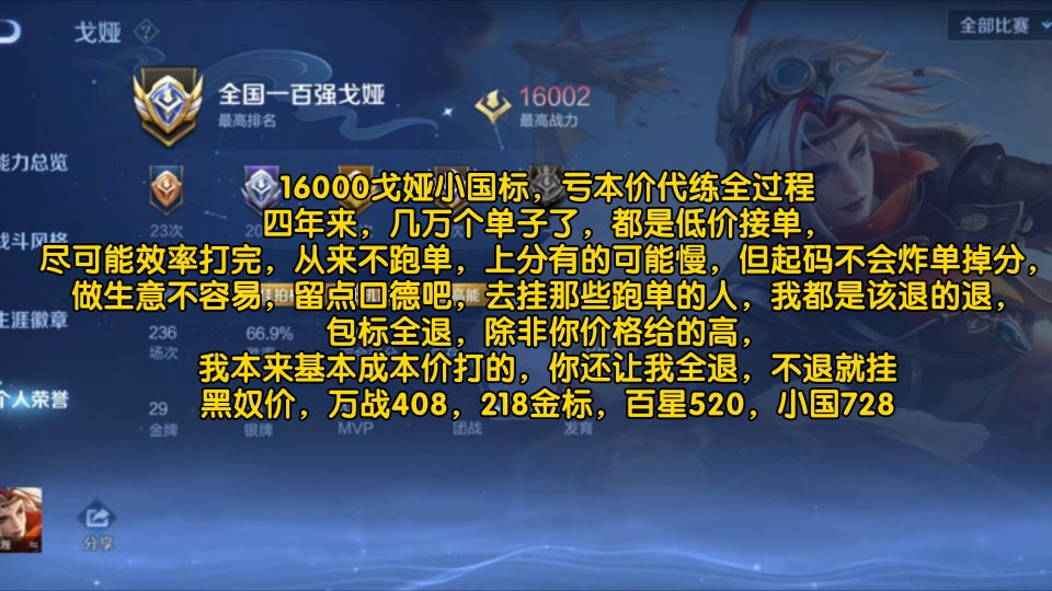 四年来,几万个单子了,都是低价接单,尽可能效率打完,从来不跑单,上分有的可能慢,但起码不会炸单掉分,做生意不容易,留点口德吧,去挂那些跑...