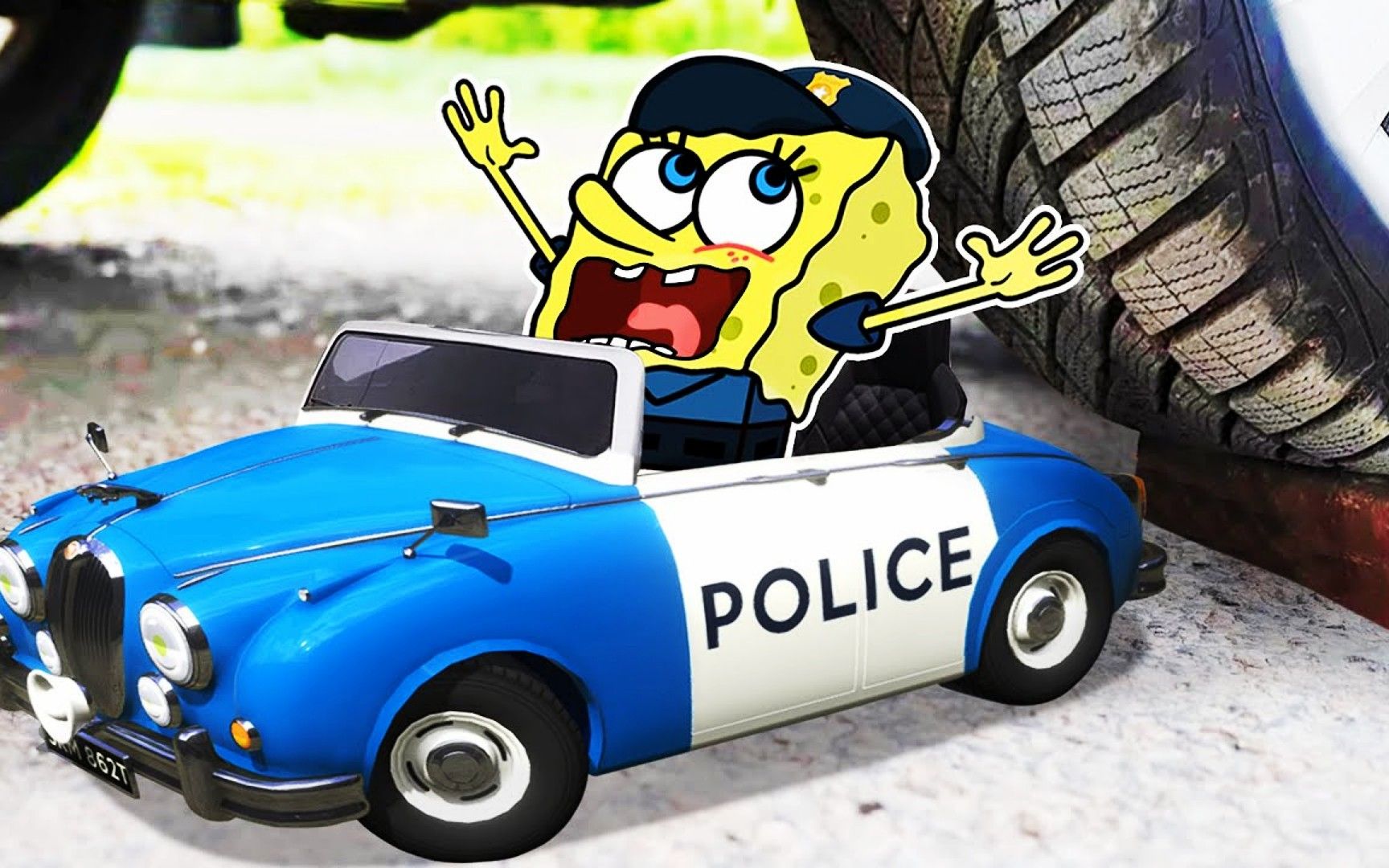 搞笑动画:海绵宝宝的超级敞篷警车与轮胎的较量,一起来看看吧
