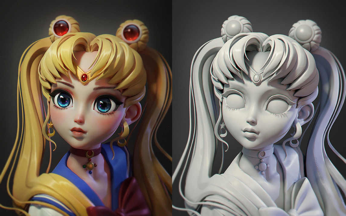 【zbrush人物雕刻】二次元美少女战士—水冰月动漫人物模型雕刻,zb