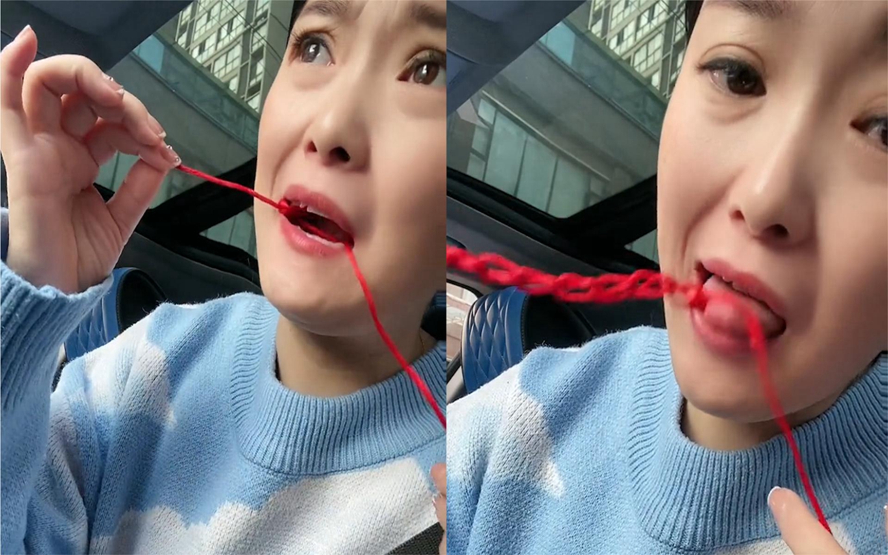 女子陶醉用舌头给绳子打结,眉头一皱速度快到惊人真不得了了