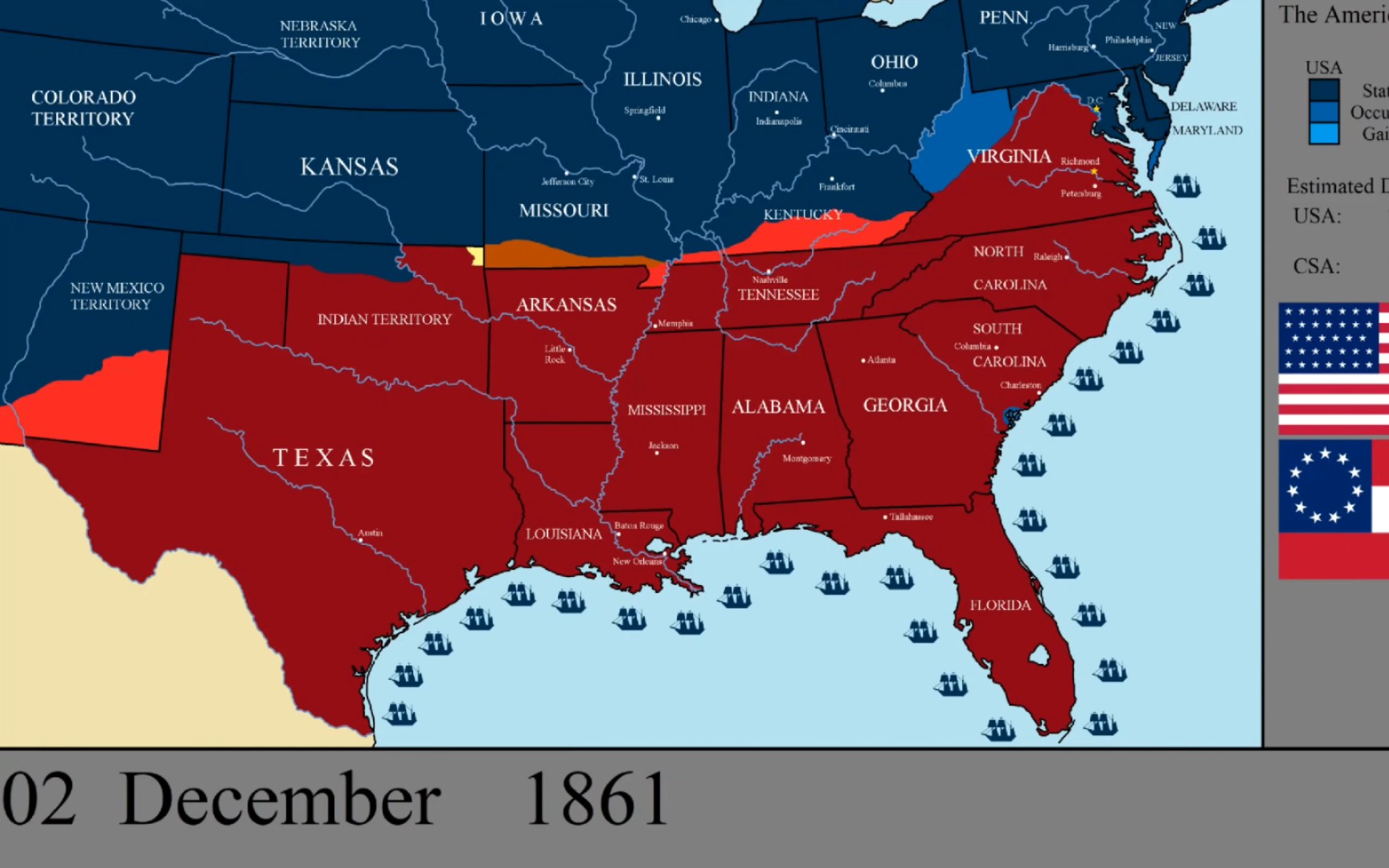 [图]【历史地图】美国内战地图:每年(1861～1865)🇺🇸「American Civil War」