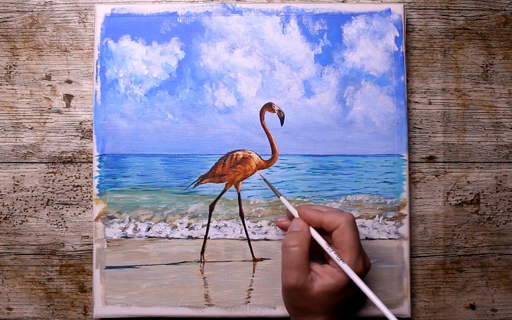 【丙烯画】【绘画教程】海边的火烈鸟-seascape with flamingo
