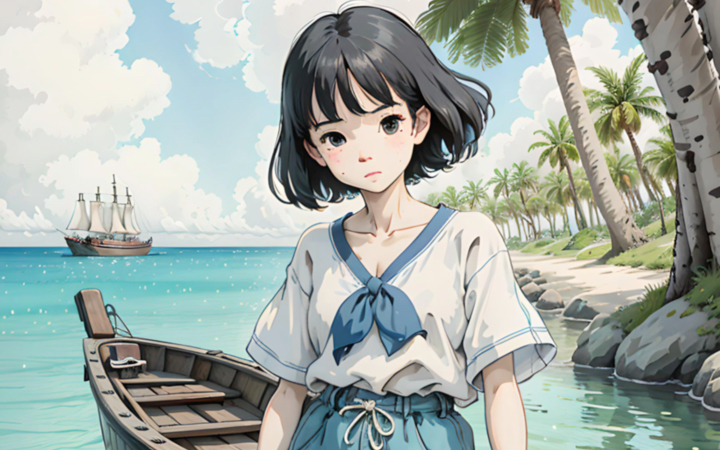 评论】治愈插画|海岛旅行 一起来度假 #宫崎骏 #治愈系壁纸 #漫画女孩
