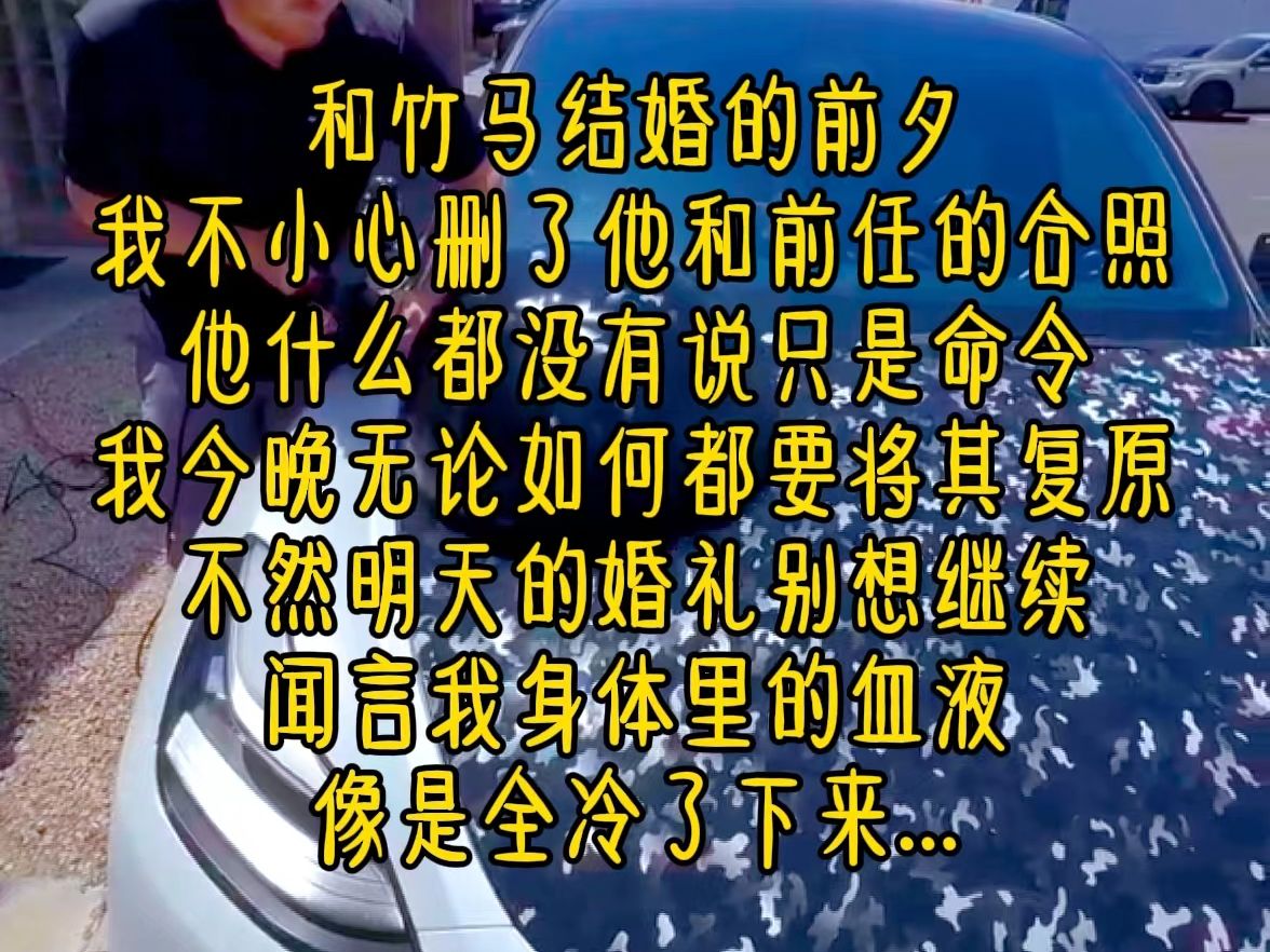 和竹马结婚的前夕,我不小心删了他和前任的合照,他什么都没有说,只是命令我今晚无论如何都要将其复原,不然明天的婚礼别想继续,闻言我身体里的血...