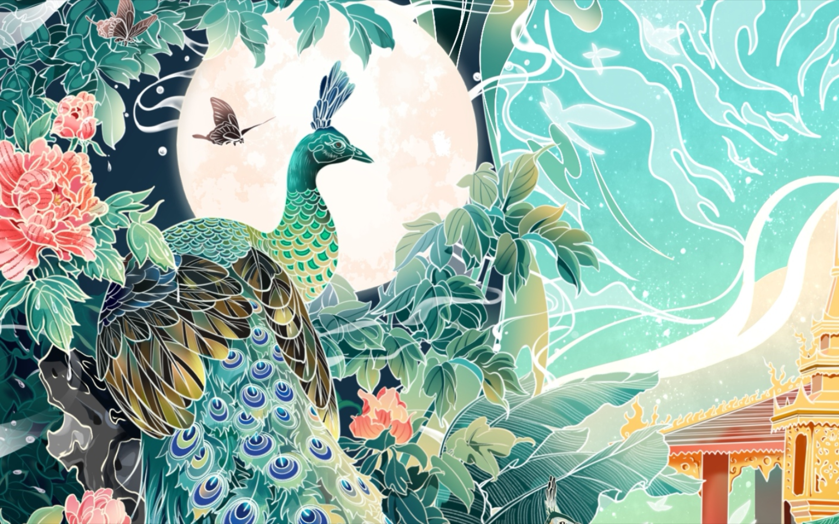 重工绿孔雀 国潮插画