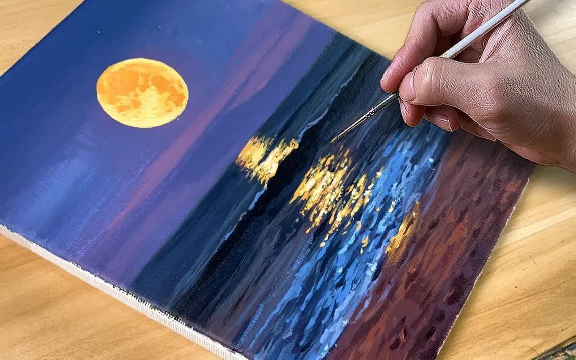 [图]【丙烯画】【绘画教程】满月-Painting Full Moon Seascape  Acrylic Painting  Correa Art