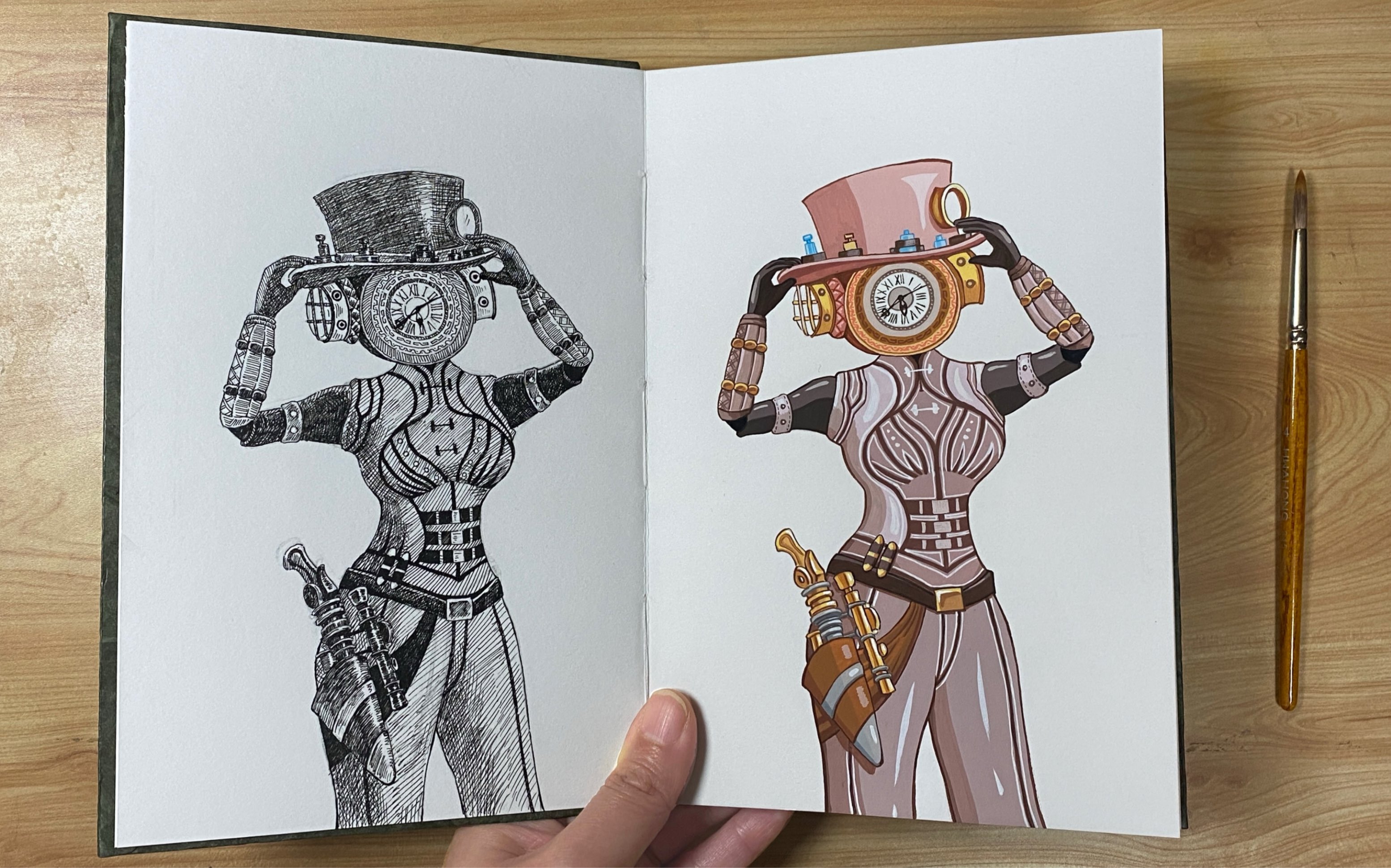 用钢笔和水粉画了两个女钟表人