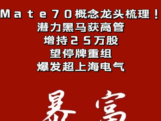 Mate70概念龙头梳理!潜力黑马获高管增持25万股,望停牌重组,爆发超上海电气哔哩哔哩bilibili