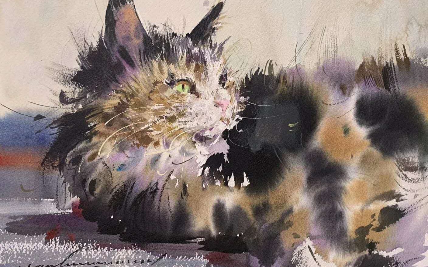 水彩褚云龙老师示范水彩画小猫会有多蓬松