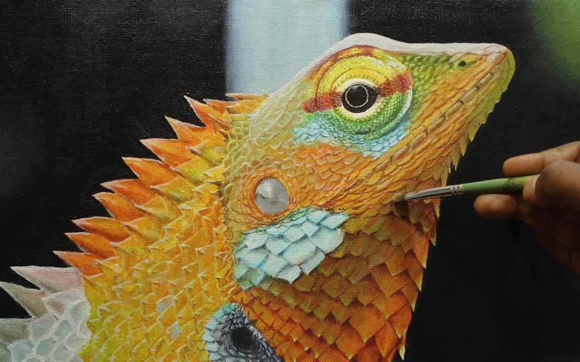 【丙烯画】【绘画教程】超写实的蜥蜴-painting a realistic lizard