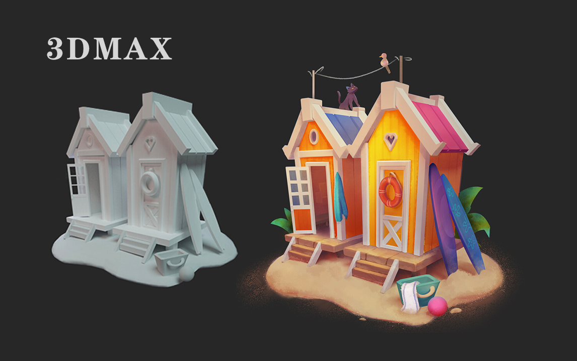 【3dmax】适合零基础小白练习的小房子制作教程,手绘场景建模uv贴图