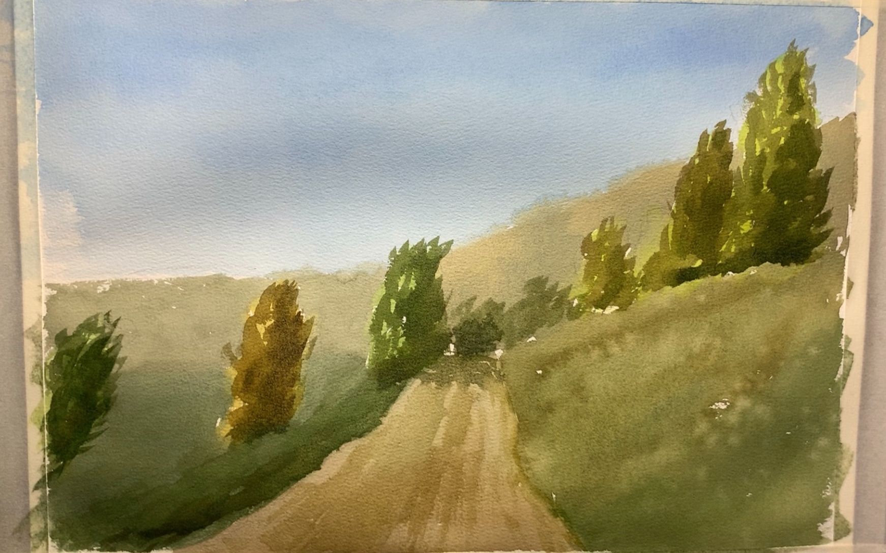 【水彩風景】風景畫練習,山坡