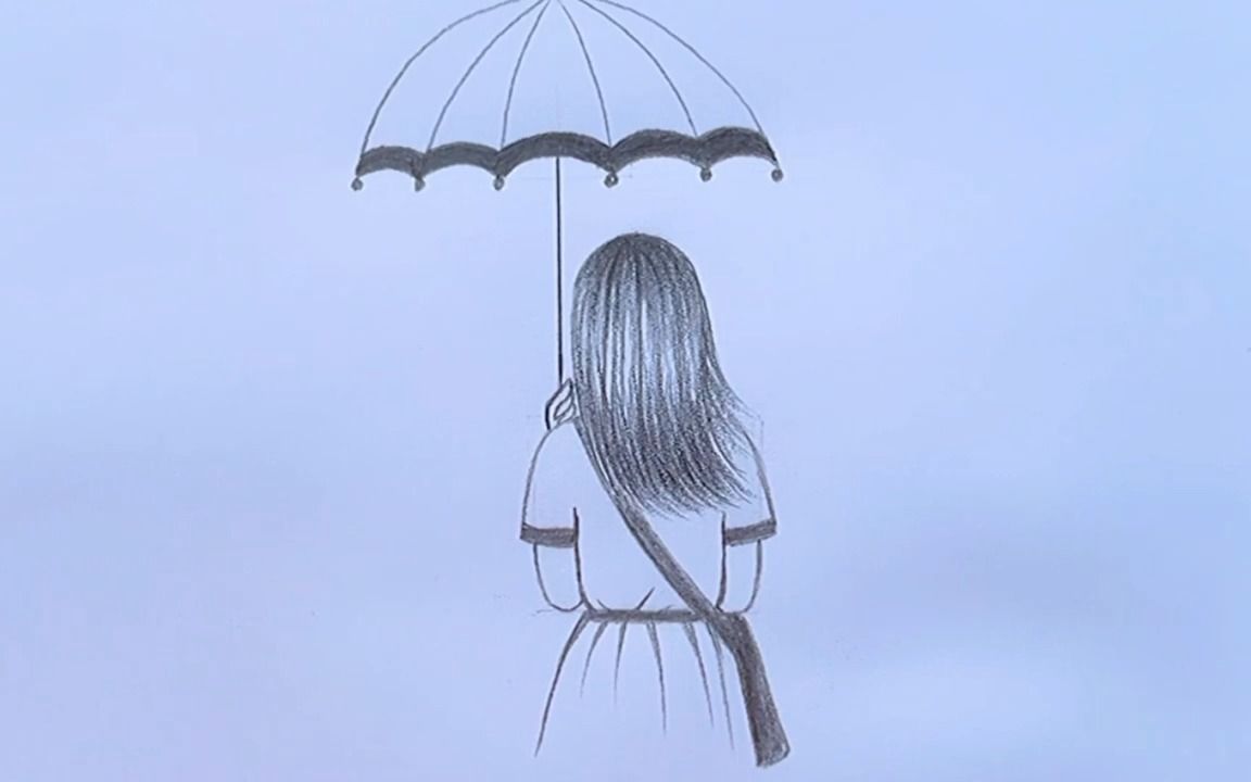 【素描教程】很容易在2分钟内画一个女孩带着伞去上学