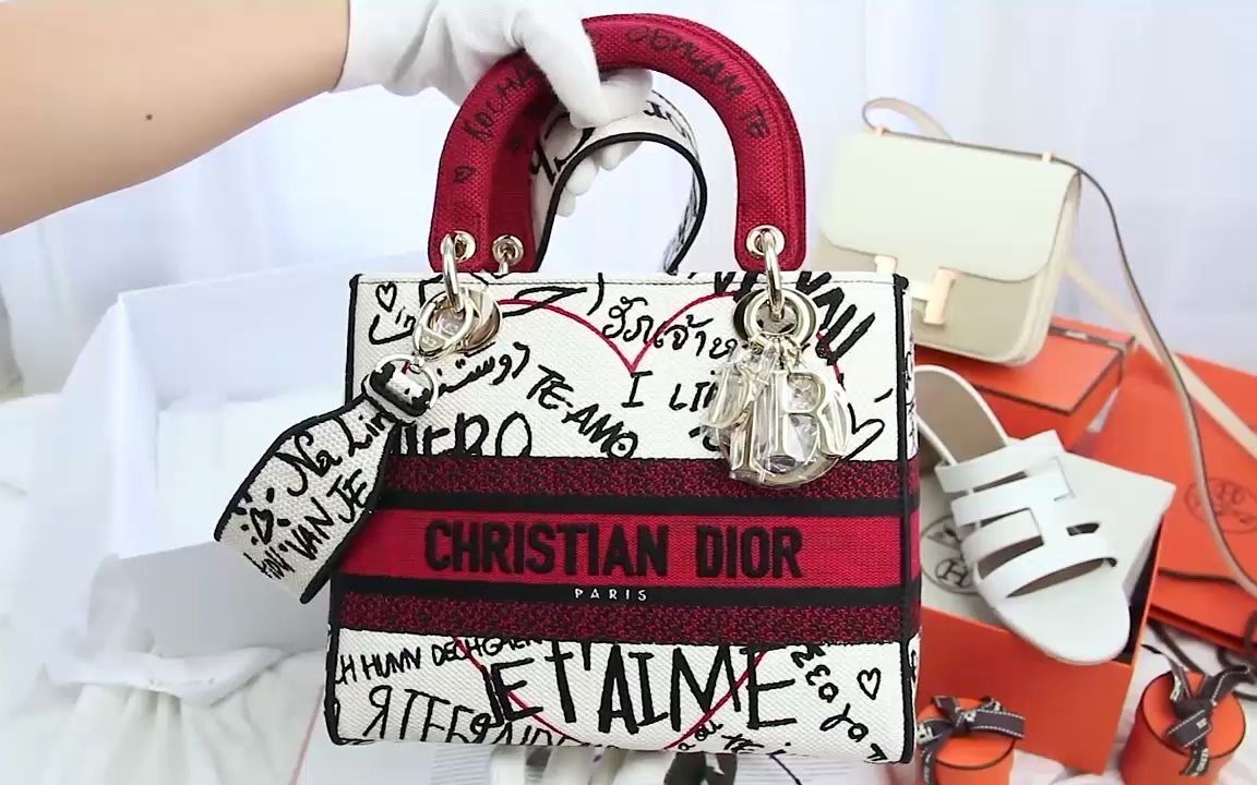 Dior Medium Lady D Lite Dioramour Bag 情人节限定款白色涂鸦金扣中型刺绣 Logo帆布手提肩背包哔哩哔哩bilibili