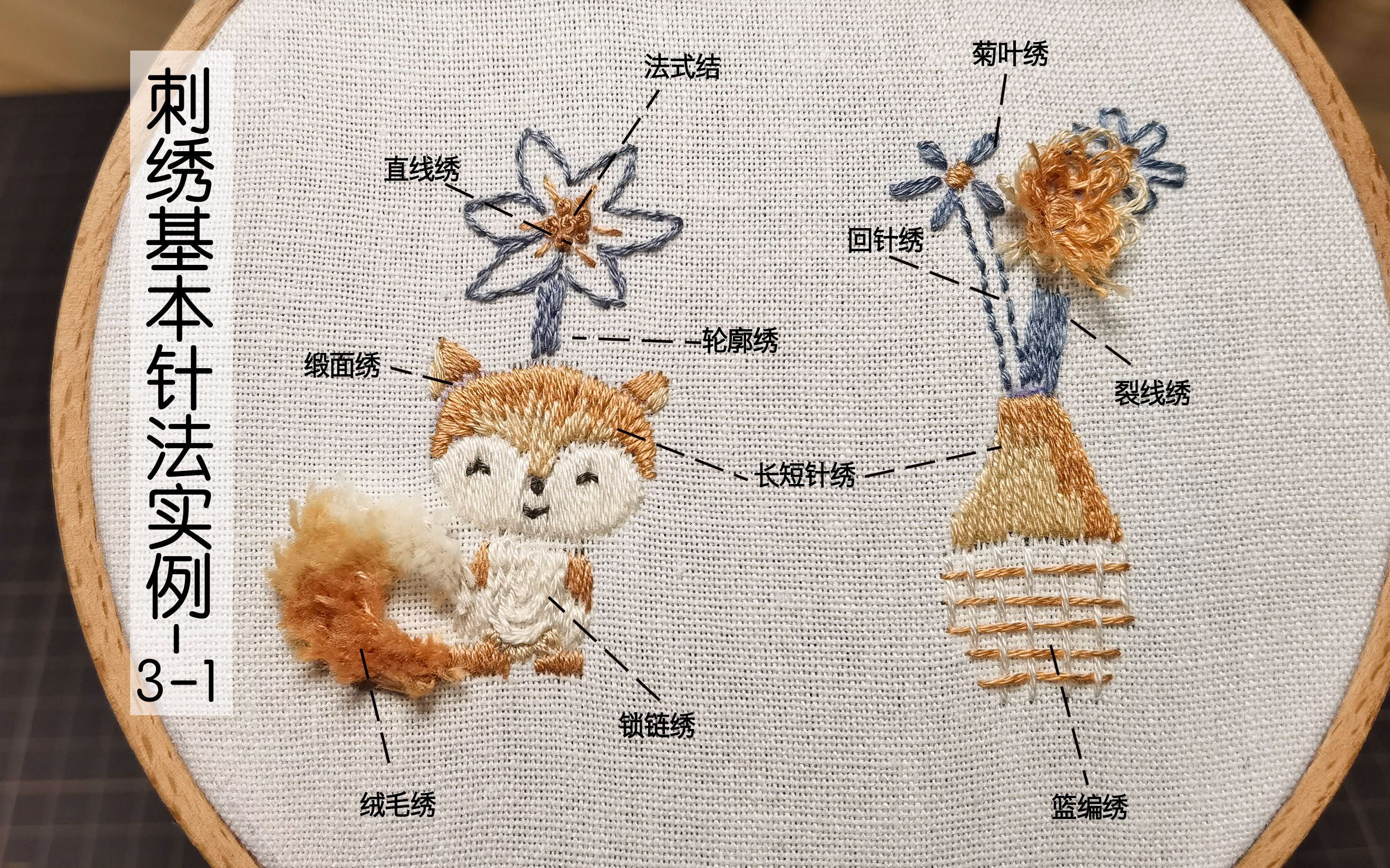 刺绣基本针法实例01(直线绣 & 回针绣 & 裂线绣 & 轮廓绣 & 法式结 &