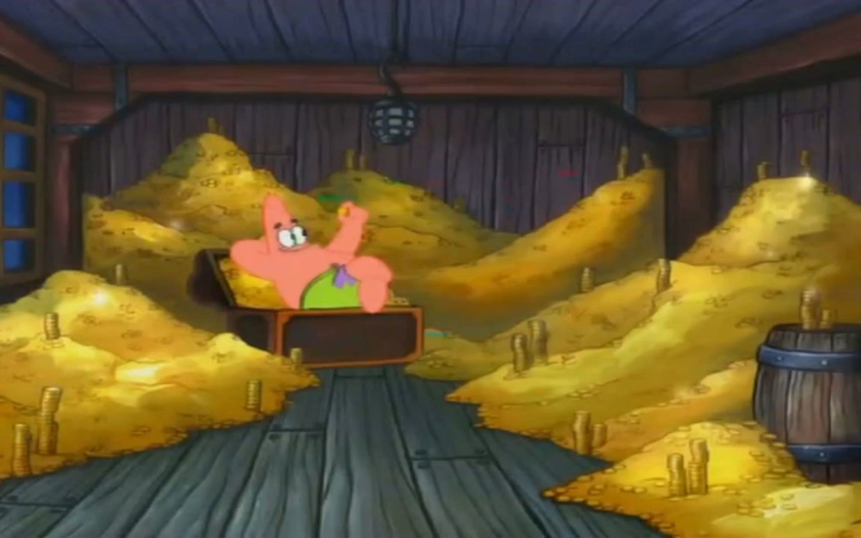 海绵宝宝找到海盗宝藏,满满一屋子的金币,闪瞎眼睛!