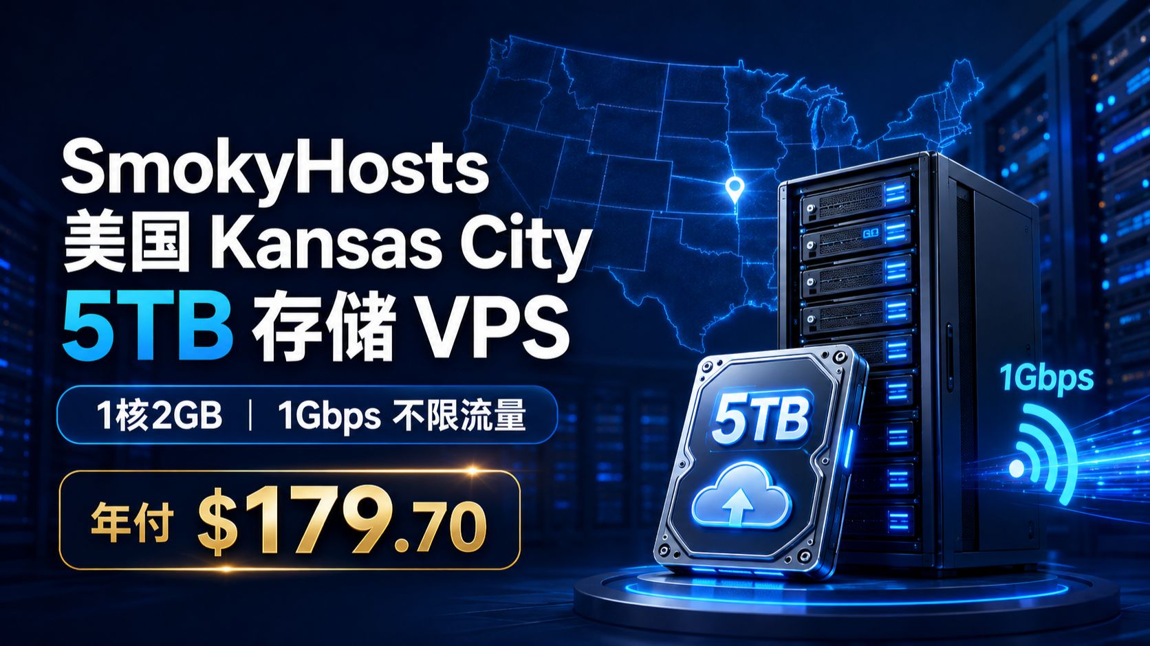 5TB 存储 VPS 年付 $179.7!SmokyHosts 堪萨斯城测评:1 核 2G 1Gbps 不限流