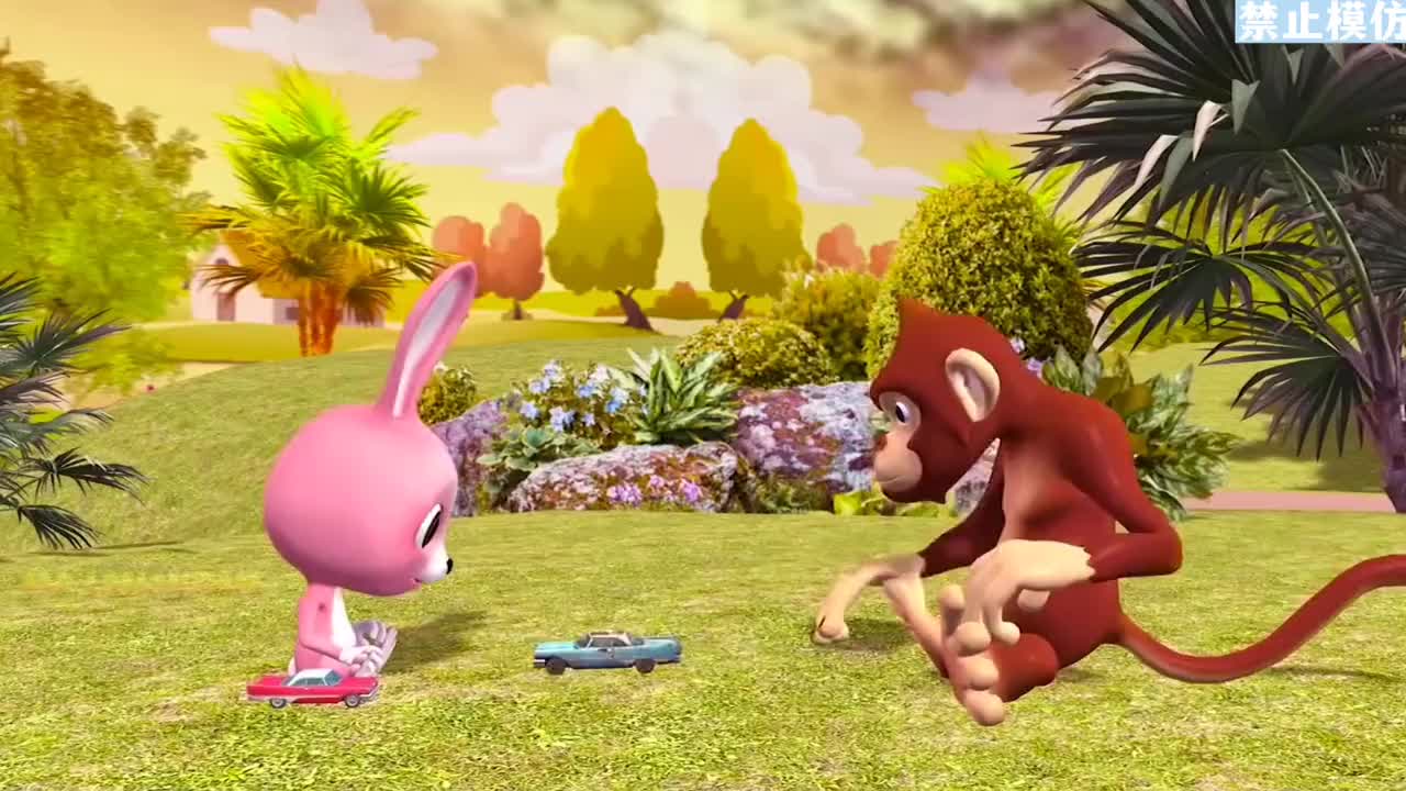 苹果车被锁在笼子里,小兔子和小猴子想打开笼子,都没办法.