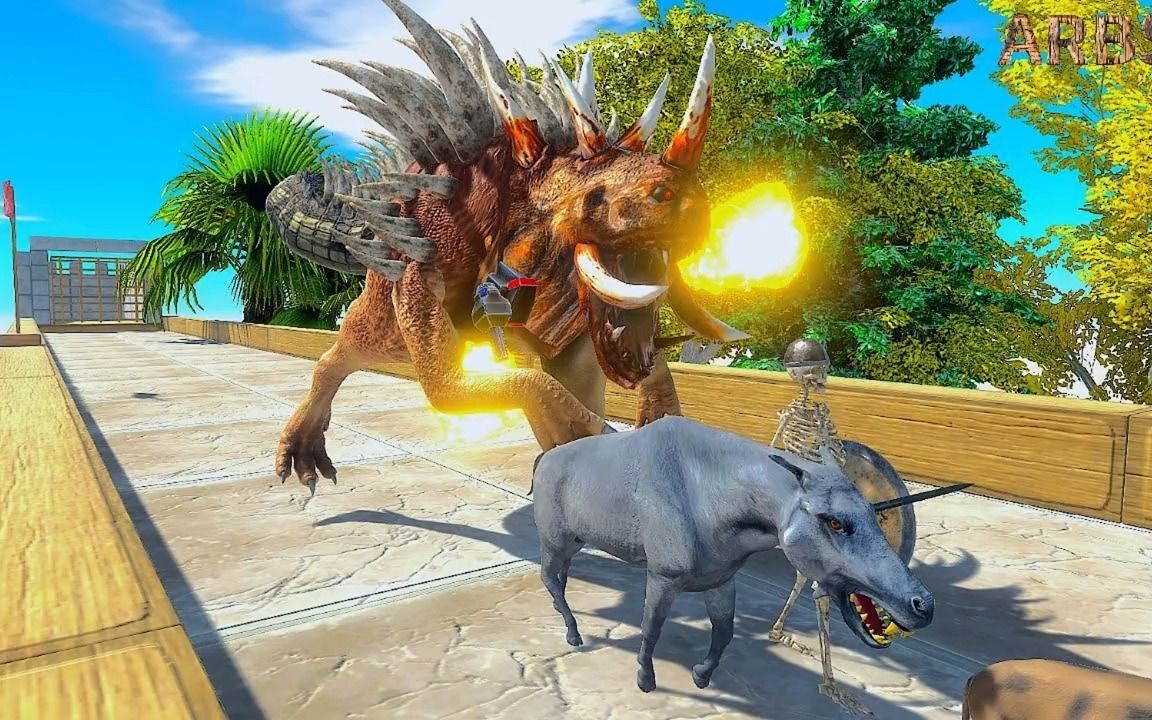 动物战争模拟器:地狱猎犬戈贡棘背龙vs金刚沧龙霸王龙!谁能赢