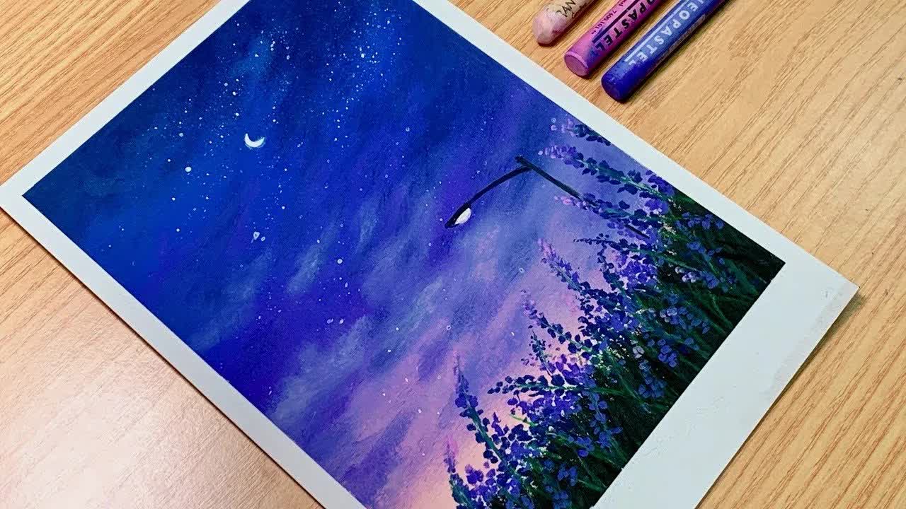 油彩画 / 在夜空中绘制薰衣草景观自学教你学画画入门哔哩哔哩bilibili