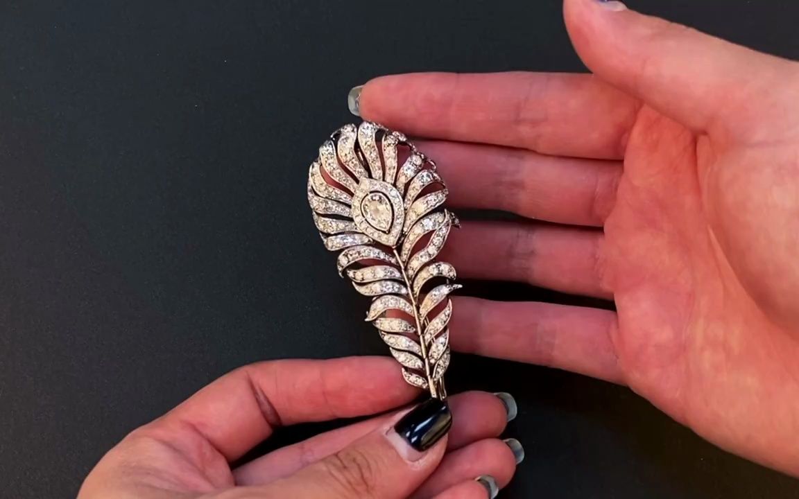 西洋古董珠宝英国装饰艺术时铂金镶嵌钻石孔雀羽毛造型胸针