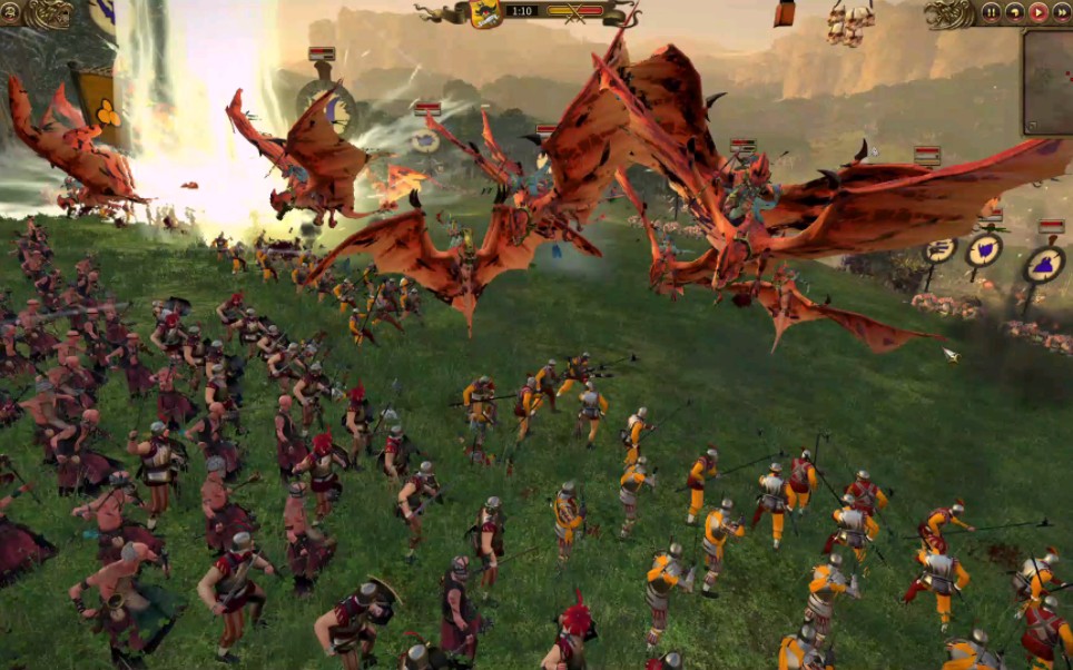 战锤2帝国猎人大战恐龙,帝国的前排挡下了恐龙,直到战斗结束士气都没