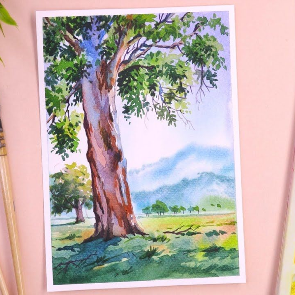 水彩】树和山的风景，简单的水彩画_哔哩哔哩_bilibili