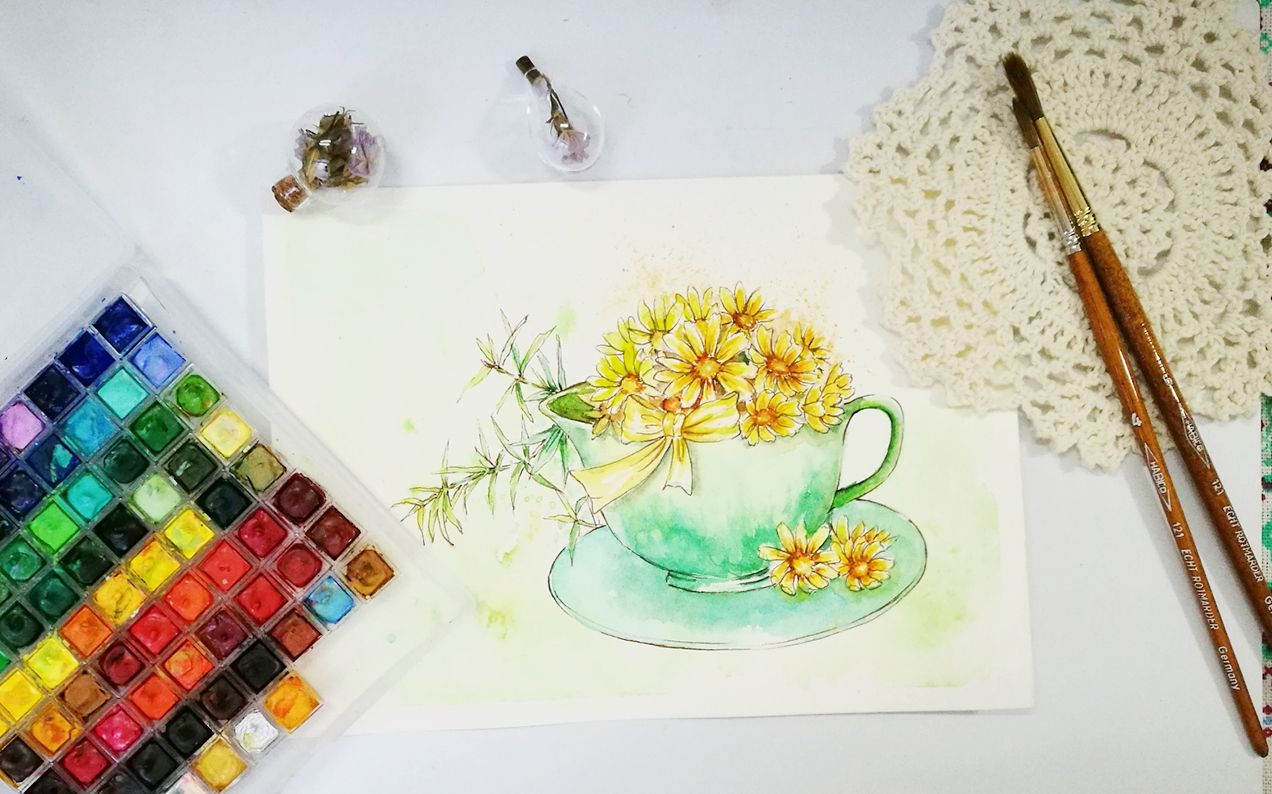 【水彩插画】甜甜的水彩画一杯菊花 只有日下部这嗲嗲的颜料才调的