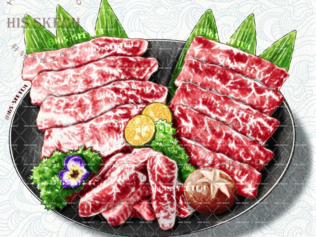 原创水彩画|日式和牛烧肉|手绘美食