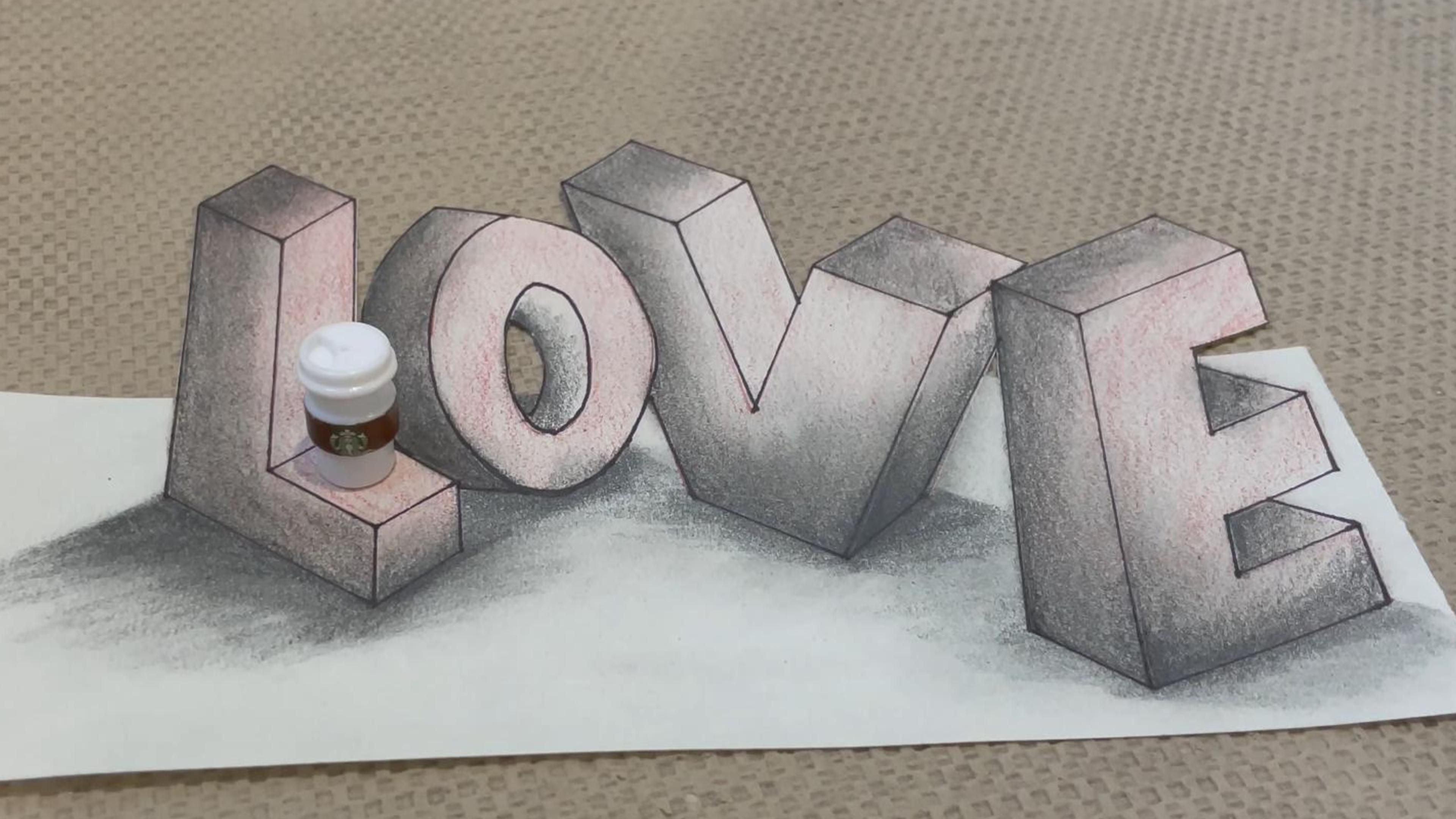 如何用铅笔画3d立体字母love