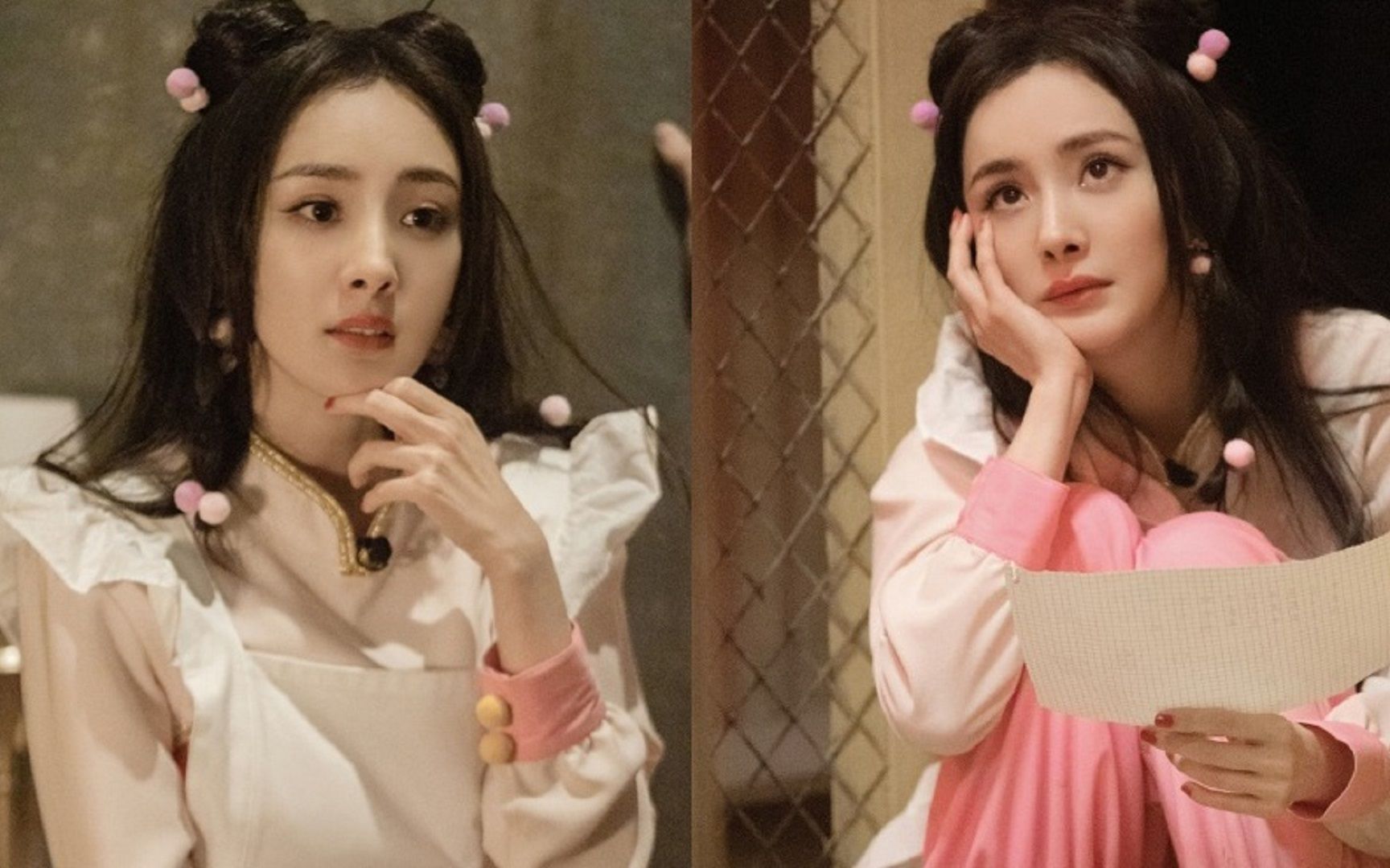 杨幂二次元造型cos珊璞 毛绒发饰配双丸子头乖巧可爱