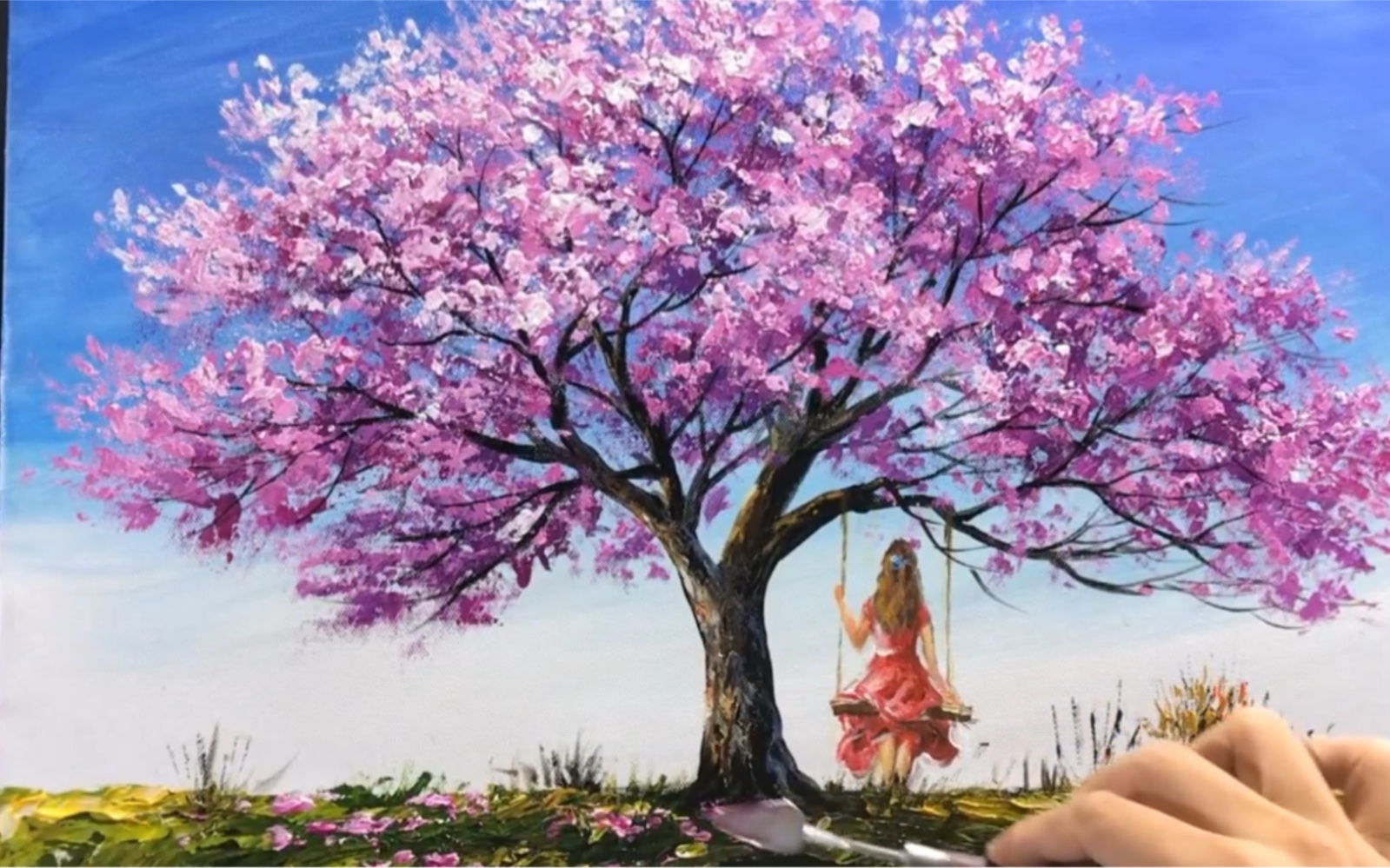 刮刀肌理画春天樱花烂漫隔离的第22天期待疫情快快过去