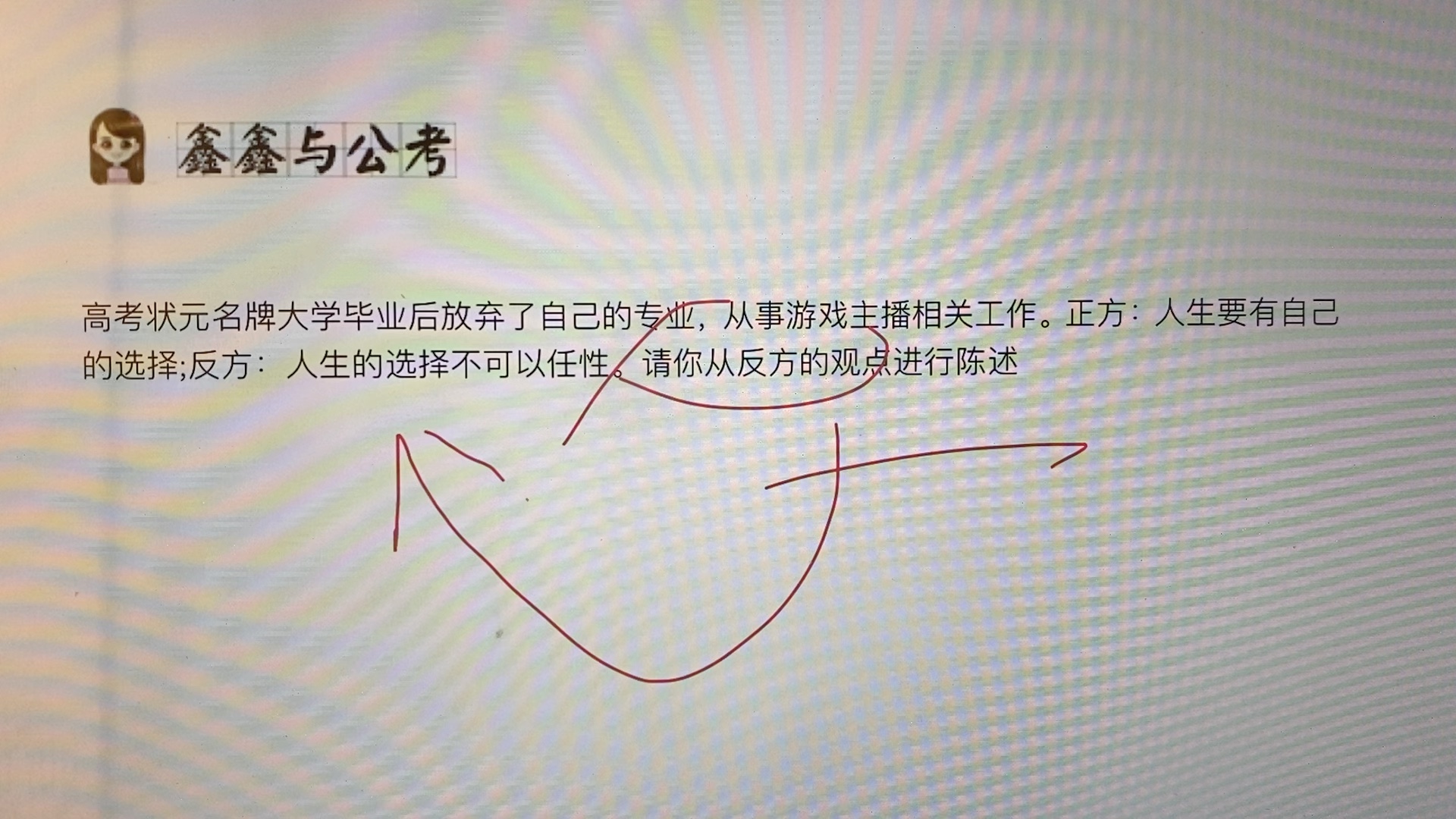 安徽公务员面试高考状元名牌大学毕业后放弃了自己的专业,从事游戏主播相关工作.正方:人生要有自己的选择;反方:人生的选择不可以任性.请你从反...