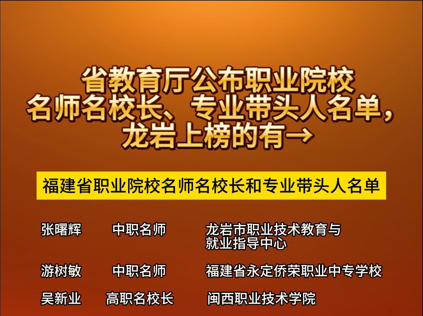 省教育厅公布职业院校名师名校长、专业带头人名单,龙岩上榜的有→哔哩哔哩bilibili