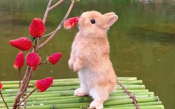 小兔子在河面上吃草莓!