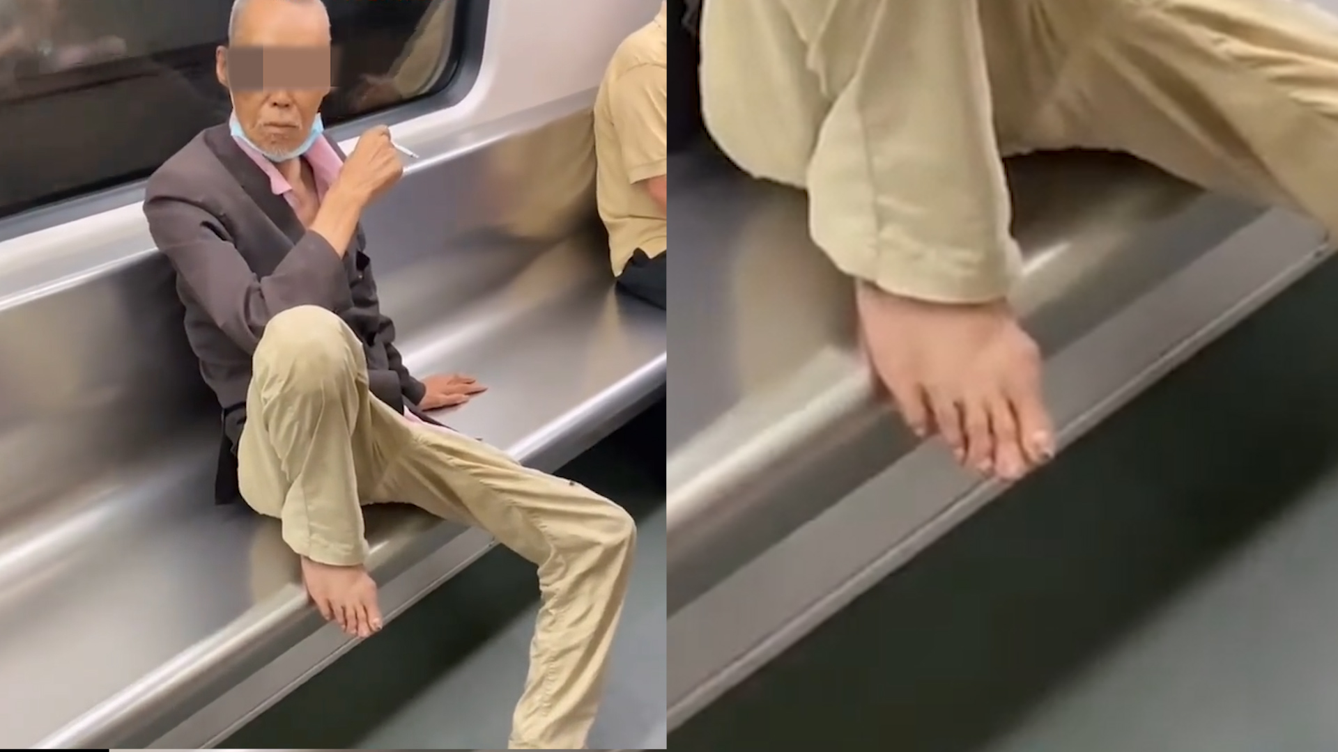 大爷地铁赤脚踩在座椅上,肆无忌惮抽烟,众人劝阻无果只能远离