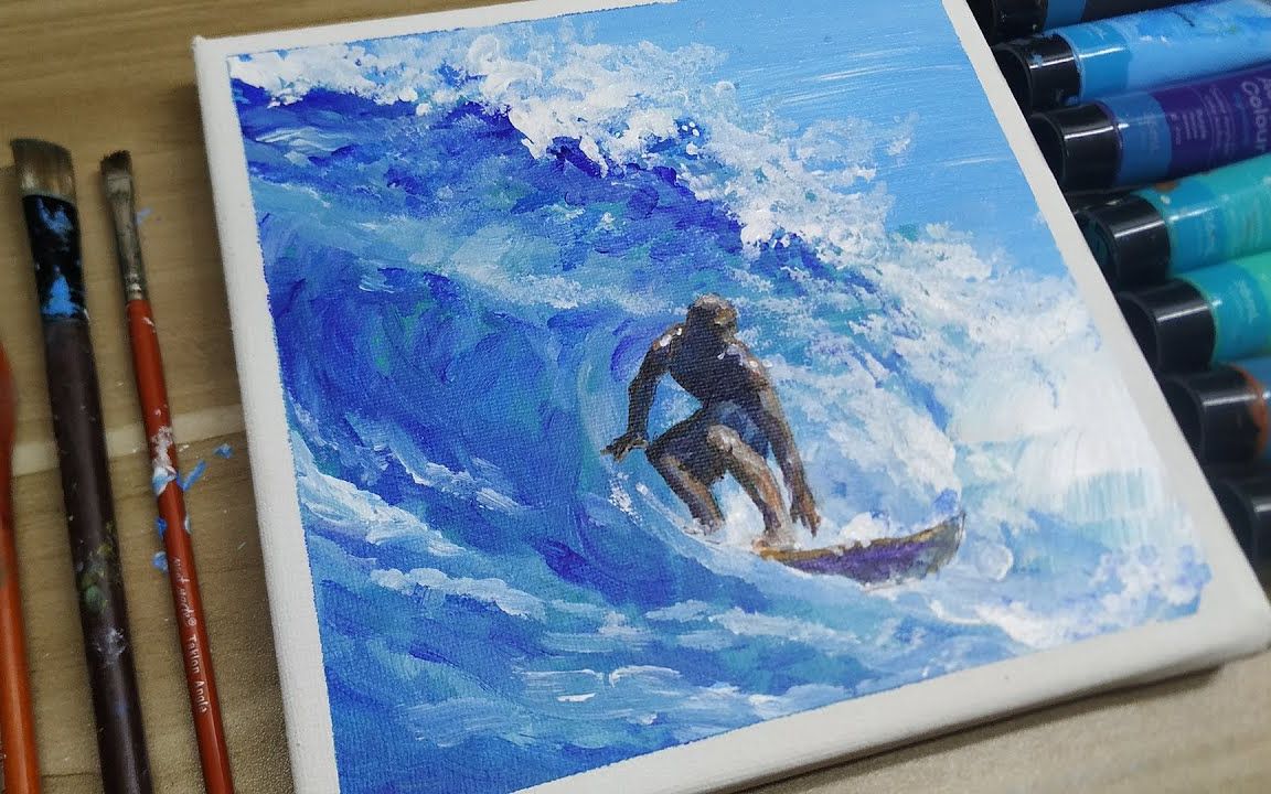 【丙烯画【绘画教程】冲浪-how to paint a surfer easy painting