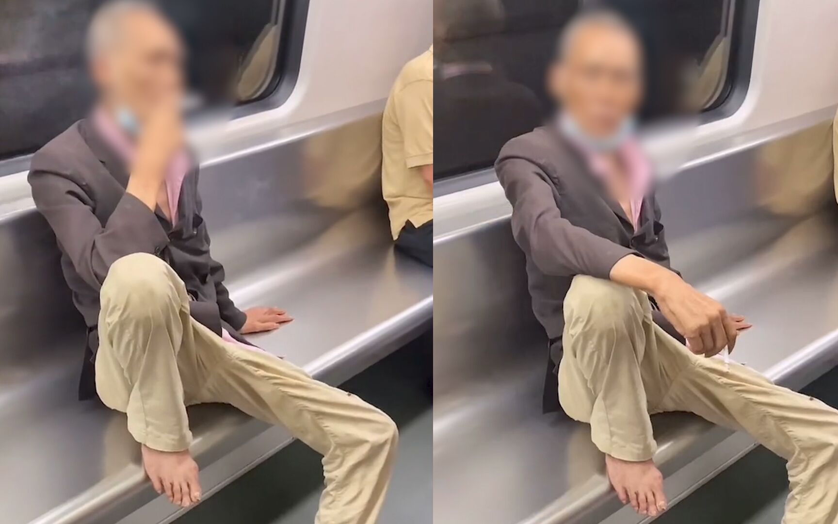 广州地铁一大爷光脚踩座椅肆无忌惮地抽烟 众人劝阻无果只能远离