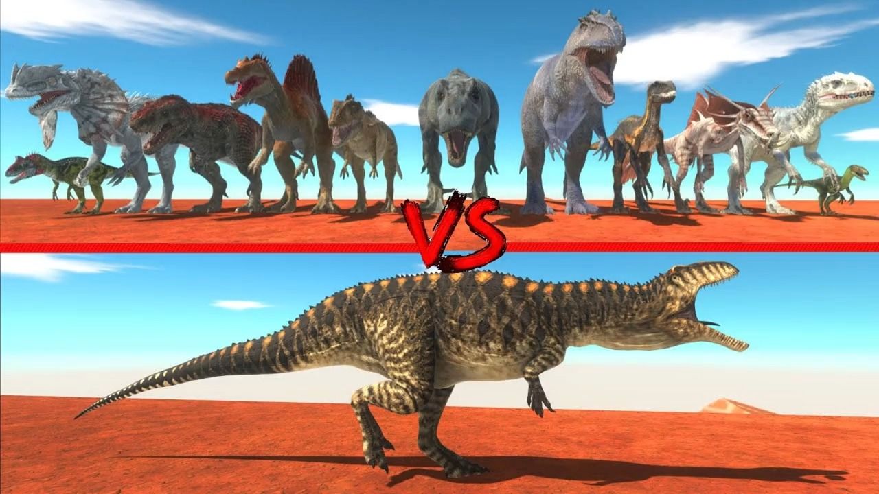 动物战争模拟器:霸王龙vs棘背龙vs腕龙vs鲨齿龙!恐龙大乱斗开始