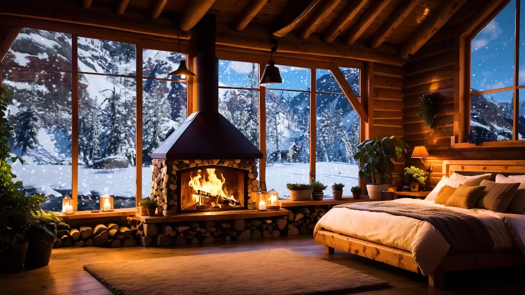 雪山暴风雪木屋氛围在舒适的小屋里伴着壁炉的噼啪声燃烧的声音放松