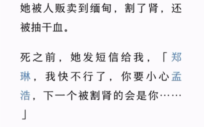 她被人贩卖到缅甸,割了肾,还被抽干血.死之前,她发短信给我,「郑琳,我快不行了,你要小心孟浩,下一个被割肾的会是你……」哔哩哔哩bilibili