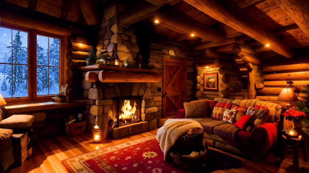 冬季温馨木屋氛围壁炉燃烧的声音和凛冽的冷风声助眠