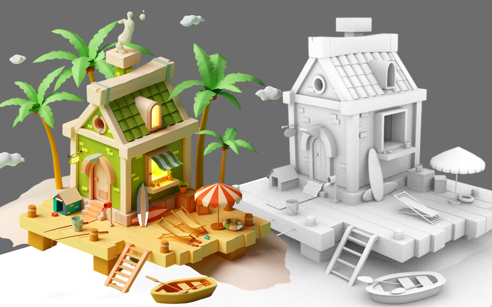 【maya场景建模】卡通海滩小房子模型制作,新手场景案例建模教程